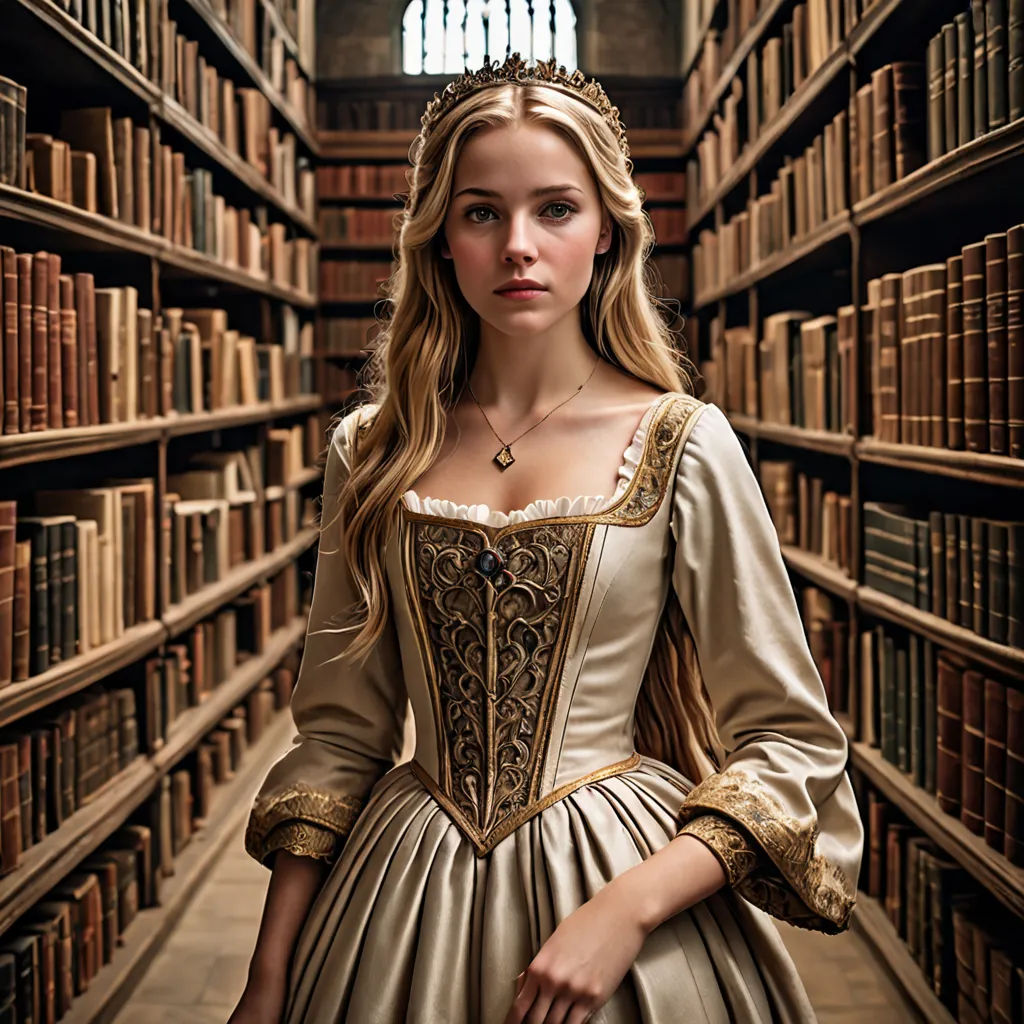 a woman in a dress standing in a library with bookshelves behind her and a clock on the wall, rococo, a flemish Baroque, Anna Maria Barbara Abesch, movie still