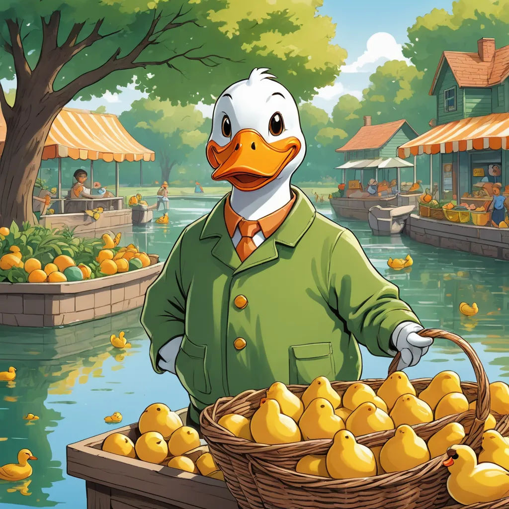 a duck dressed in a green shirt and a basket of yellow ducks in a river with a man in a green shirt, furry art, a storybook illustration, Carl Barks, official art