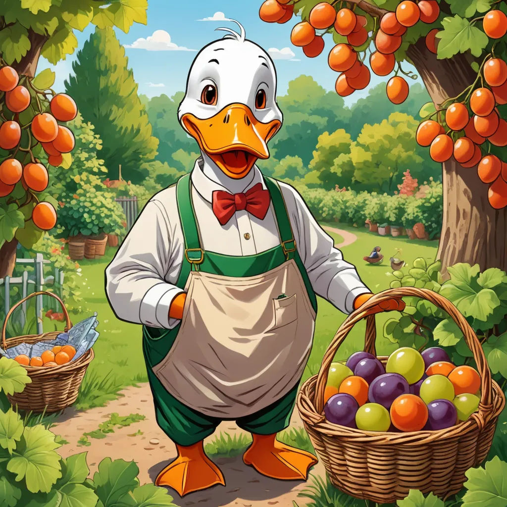 a duck dressed in an apron holding a basket of fruit in a garden with oranges and grapes hanging from the trees, classical realism, a storybook illustration, Carl Barks, official art
