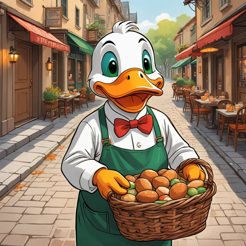 a duck dressed in an apron holding a basket of food in a street with tables and chairs in the background, art informel, a character portrait, Carl Barks, official art