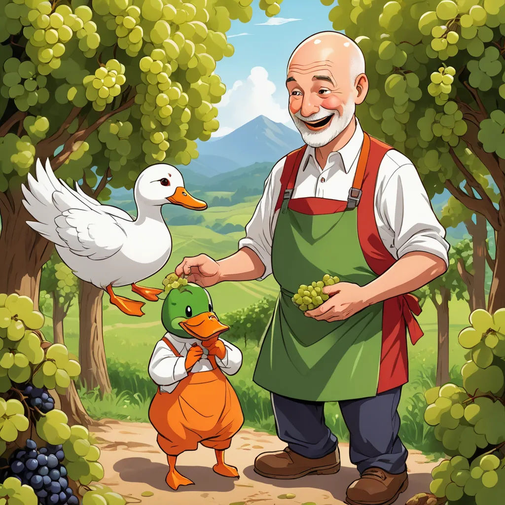 a man in an apron feeding a duck a piece of grapes in a forest with a duckling nearby, magic realism, a storybook illustration, Béla Iványi-Grünwald, storybook illustration