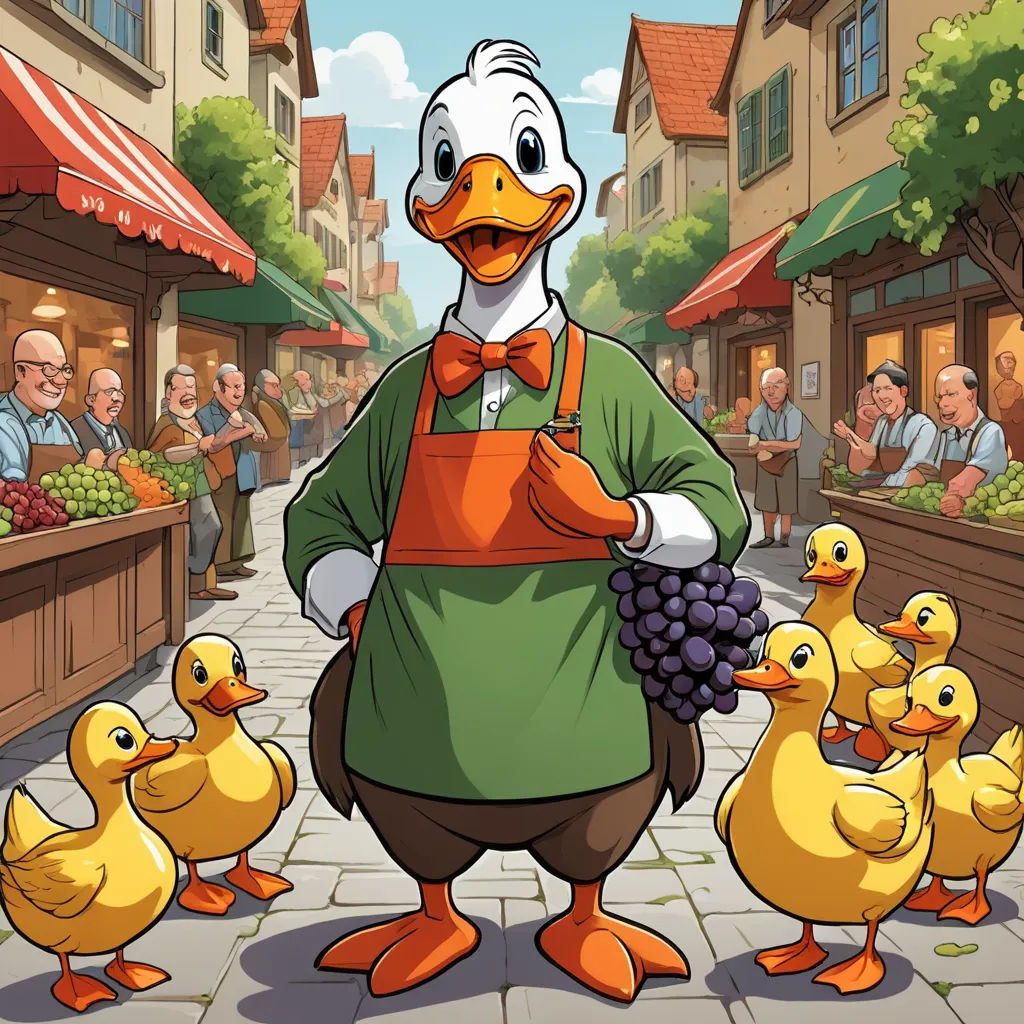 a cartoon duck with a bunch of ducks in front of him and a man holding a bunch of grapes, context art, a storybook illustration, Carl Barks, storybook illustration