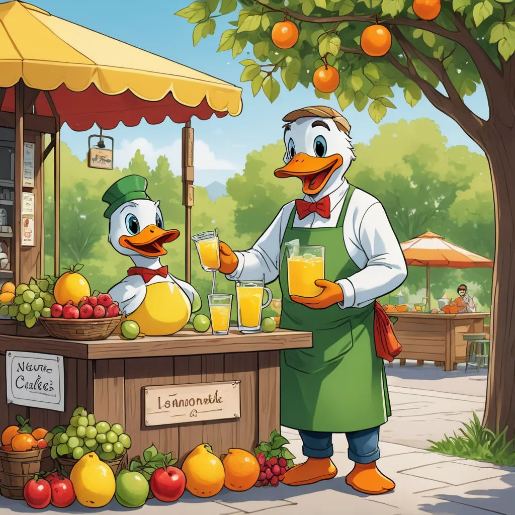 a duck and a duckling are standing at a fruit stand with oranges and juices on it, lyco art, a storybook illustration, Carl Barks, official art