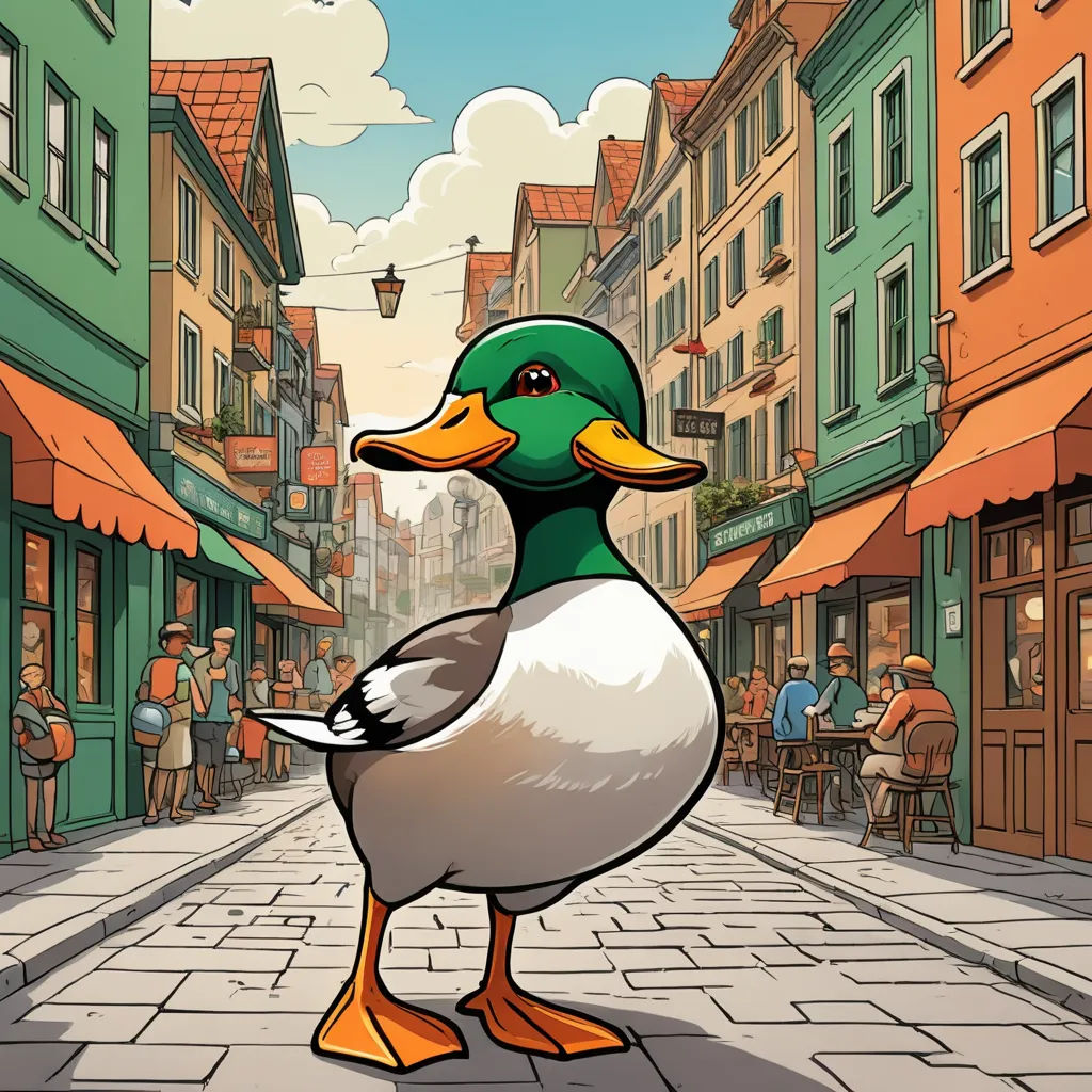 a duck standing on a brick street in a city with people walking by it and a building with a clock, context art, a comic book panel, Carl Barks, official art