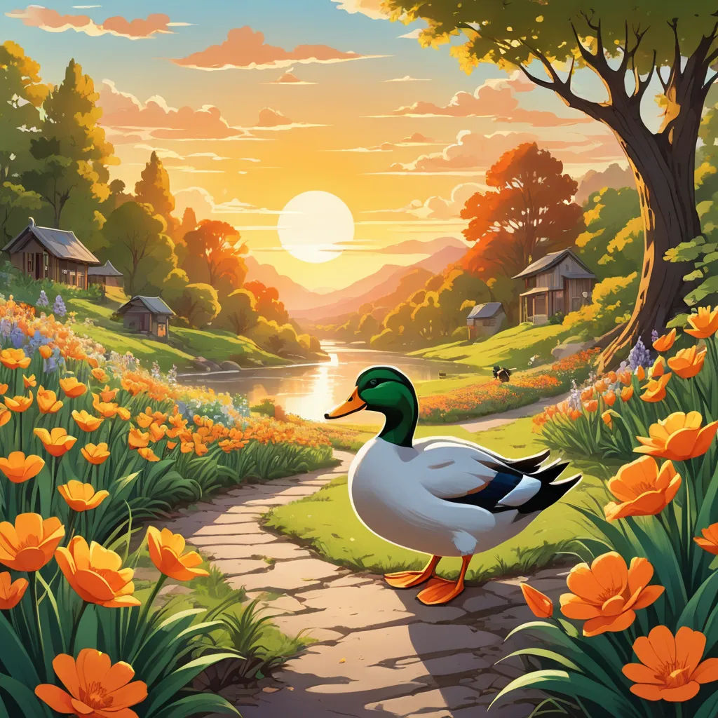 a duck is walking down a path in a field of flowers and trees with a sunset in the background, naive art, a storybook illustration, Chris LaBrooy, storybook illustration