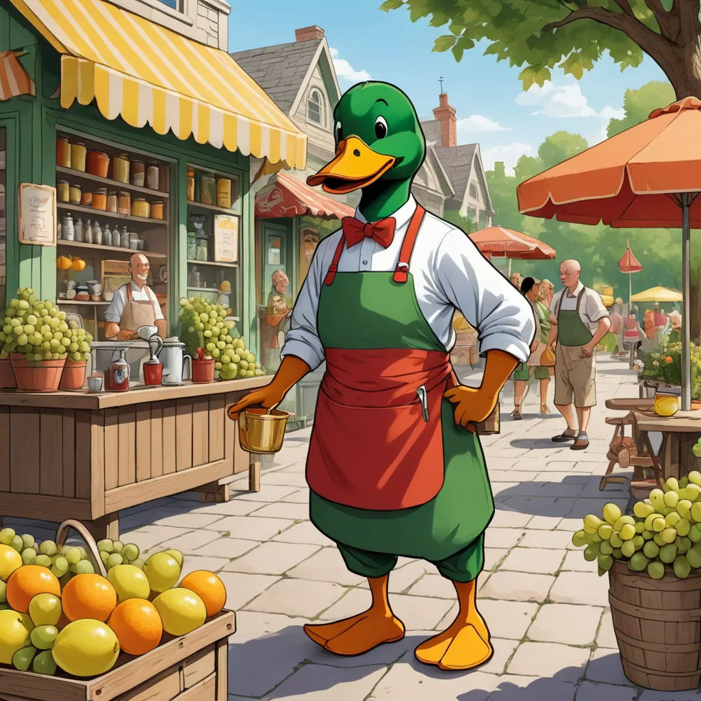 a duck dressed in an apron and apron standing in front of a fruit stand with a large green duck, american scene painting, a storybook illustration, Chris LaBrooy, storybook illustration