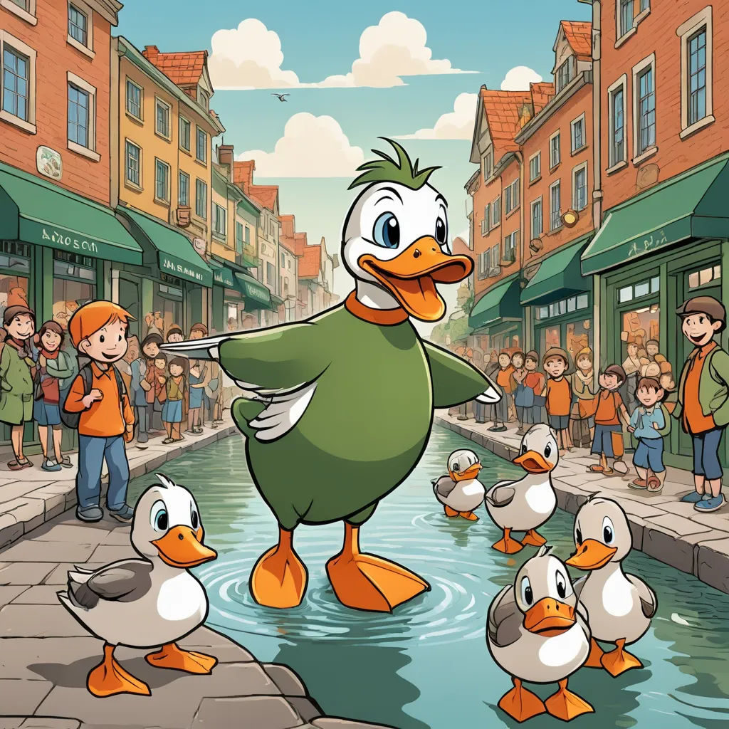 a duck is standing in the water with a bunch of ducks around him and people standing around him watching, art informel, a storybook illustration, Carl Barks, official art