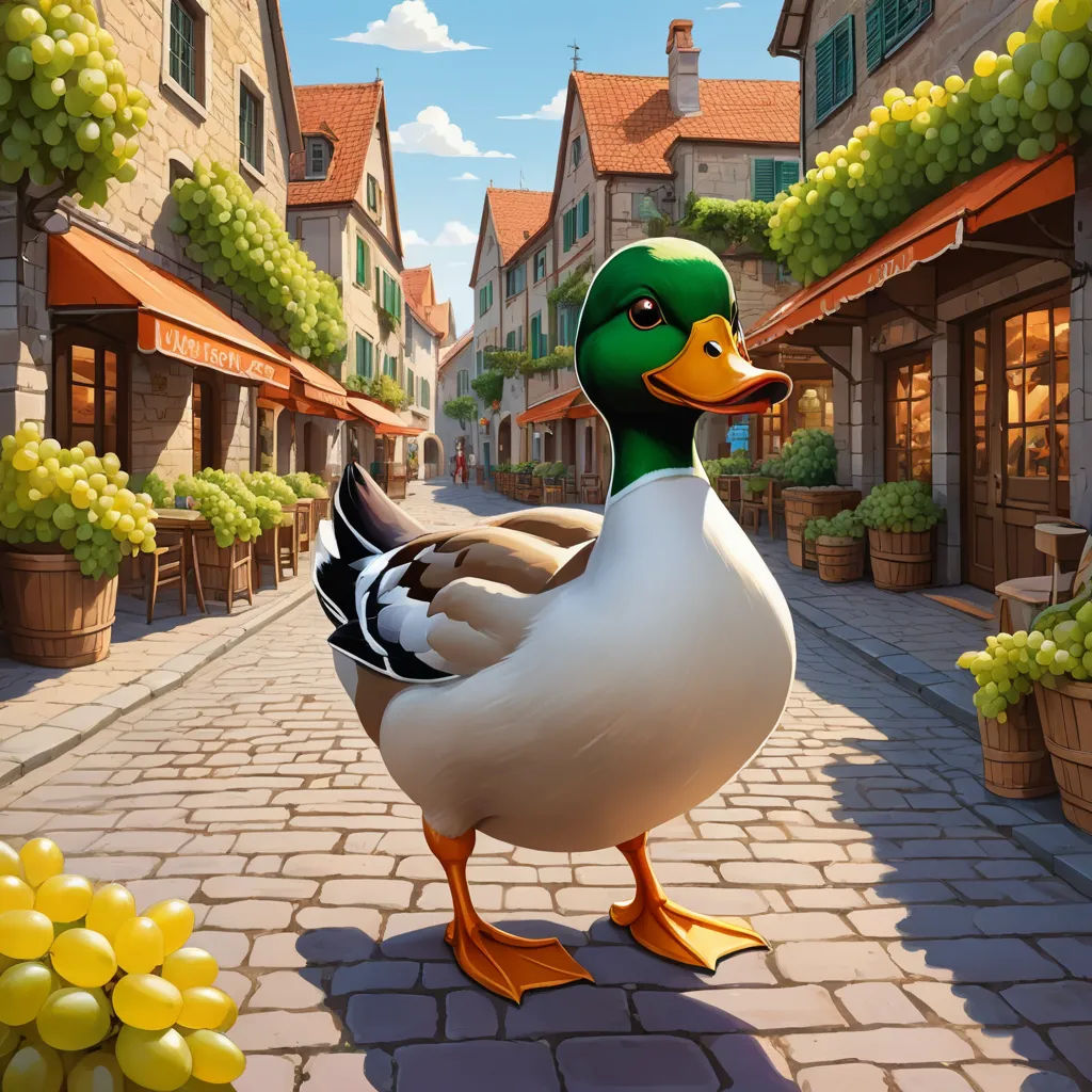 a duck standing on a brick road in a town with grapes on the side of it and a building in the background, american scene painting, a storybook illustration, Chris LaBrooy, ultra realistic digital art