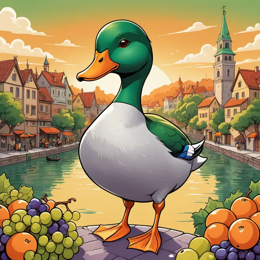 a duck standing on a ledge near a river and oranges and grapes in the foreground, with a city in the background, regionalism, a storybook illustration, Chris LaBrooy, game art