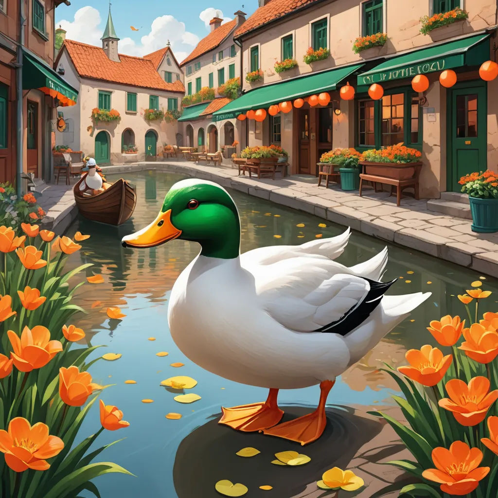 a duck standing on a ledge in a canal with orange flowers and a boat in the background with a man in a boat, american scene painting, a storybook illustration, Evgeny Lushpin, highly detailed digital painting