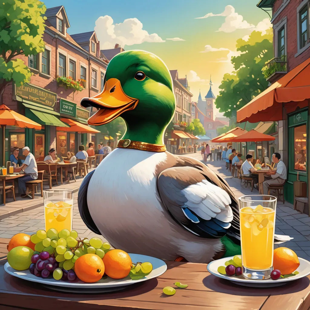 a duck sitting on a table with a plate of fruit and a glass of juice in front of it, american scene painting, a storybook illustration, Chris LaBrooy, ultra realistic illustration