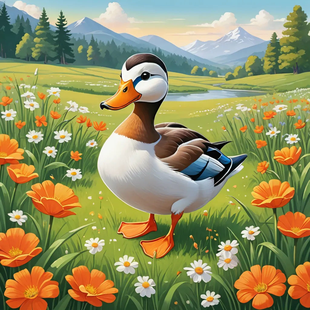 a duck standing in a field of flowers with a mountain in the background and a river running through it, naive art, a storybook illustration, Chris LaBrooy, promotional image