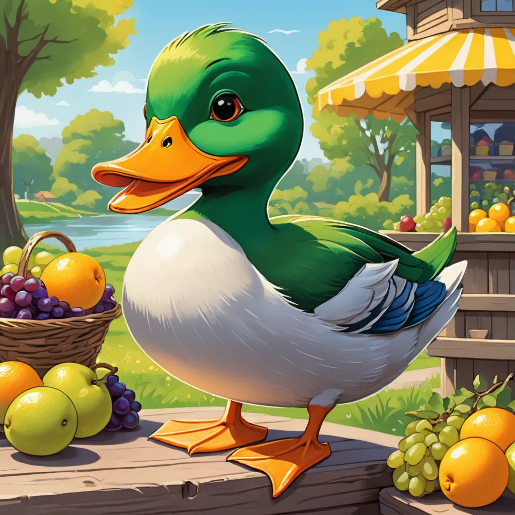 a duck standing on a ledge next to a basket of fruit and a basket of oranges and grapes, american scene painting, a stock photo, Andries Stock, official art