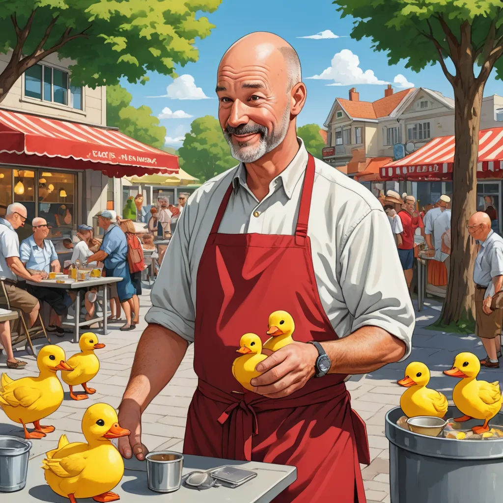 a man with a red apron and yellow rubber ducks in front of a table with people in the background, fantastic realism, a storybook illustration, Chris LaBrooy, highly detailed digital painting