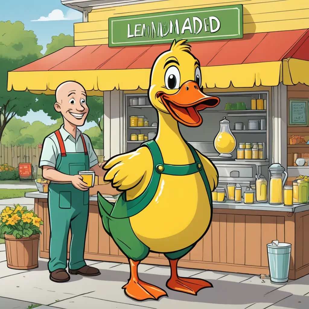 a man standing next to a yellow duck in front of a store with a lemonade stand on the side of it, verdadism, a storybook illustration, Amédée Ozenfant, promotional image