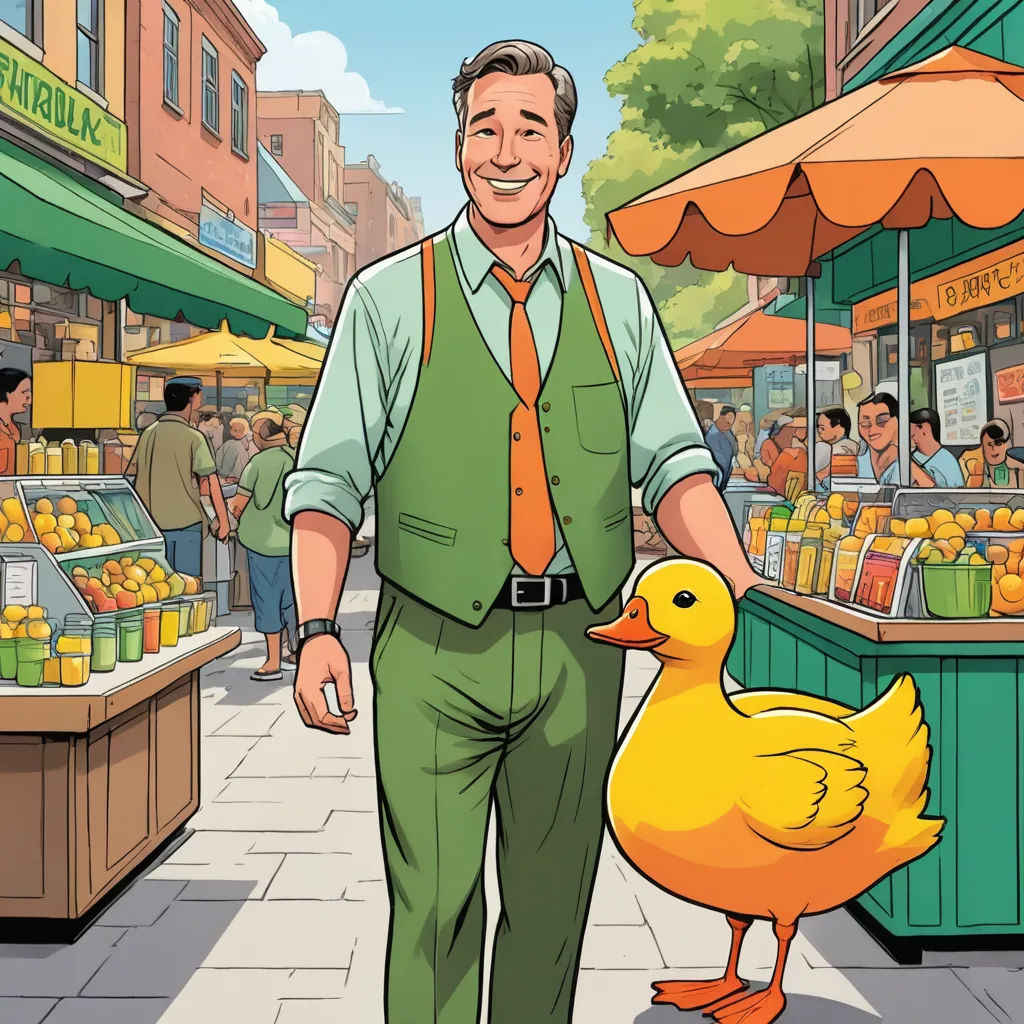 a man in a green suit and orange tie standing next to a duck in a market area with people in the background, american scene painting, a storybook illustration, Art Fitzpatrick, promotional image