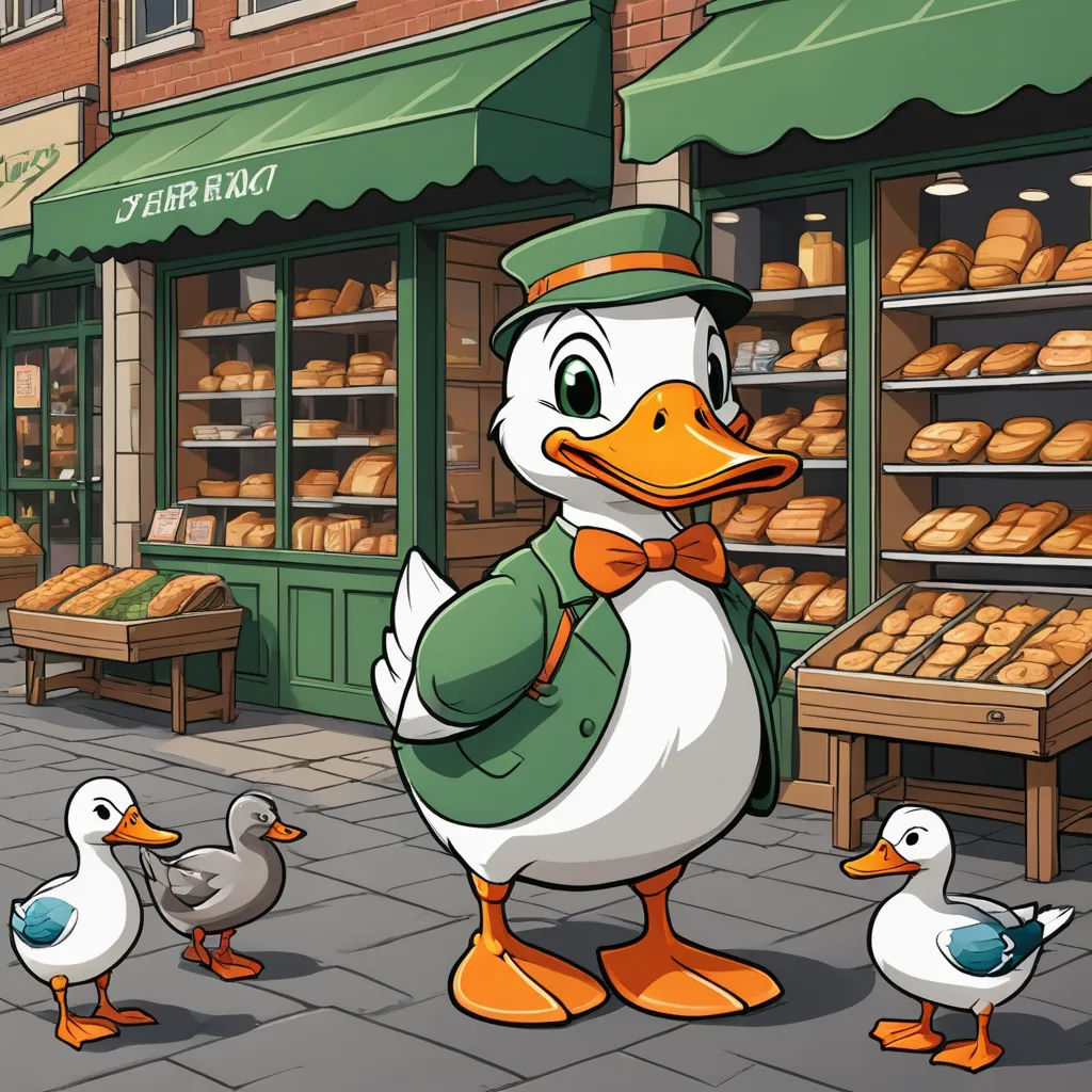 a duck with a hat and a bow tie standing in front of a bakery with two ducks in front of it, regionalism, a storybook illustration, Andries Stock, storybook illustration