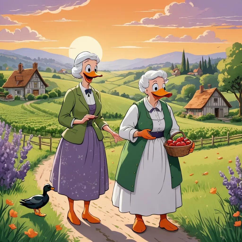 two women in dresses are standing in a field with a bird and a basket of apples in front of them, folk art, a storybook illustration, Carl Barks, official art