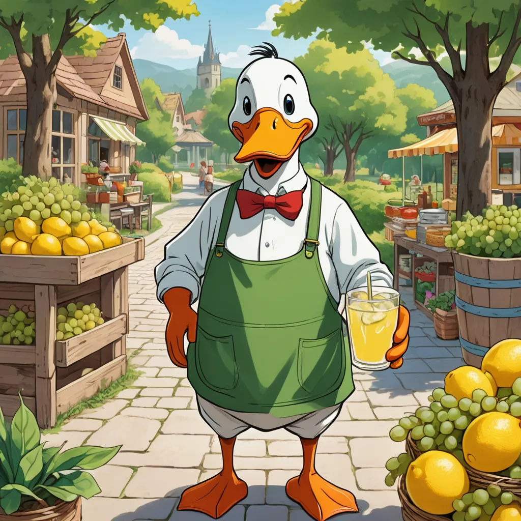 a duck dressed in an apron holding a glass of beer in a market area with lemons and trees, art informel, a storybook illustration, Carl Barks, official art