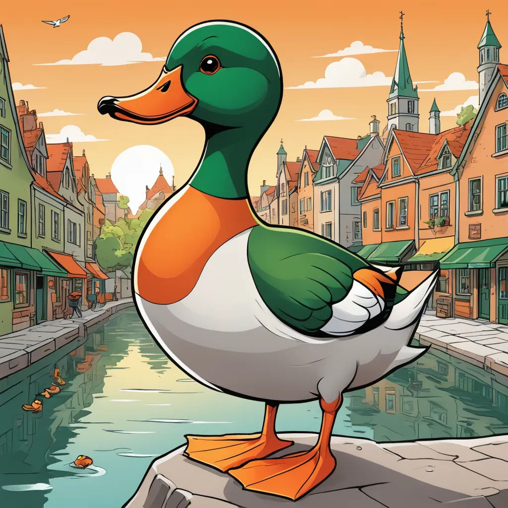a duck standing on a ledge in front of a river and buildings with a clock tower in the background, regionalism, a storybook illustration, Andries Stock, 2 d game art