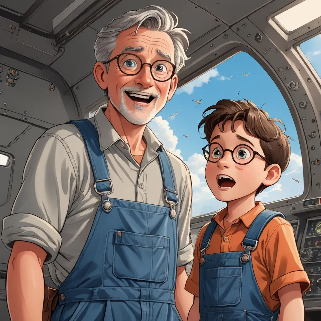 a man and a boy standing in a space station looking at something with a surprised look on their faces, serial art, a storybook illustration, Brothers Hildebrandt, official art