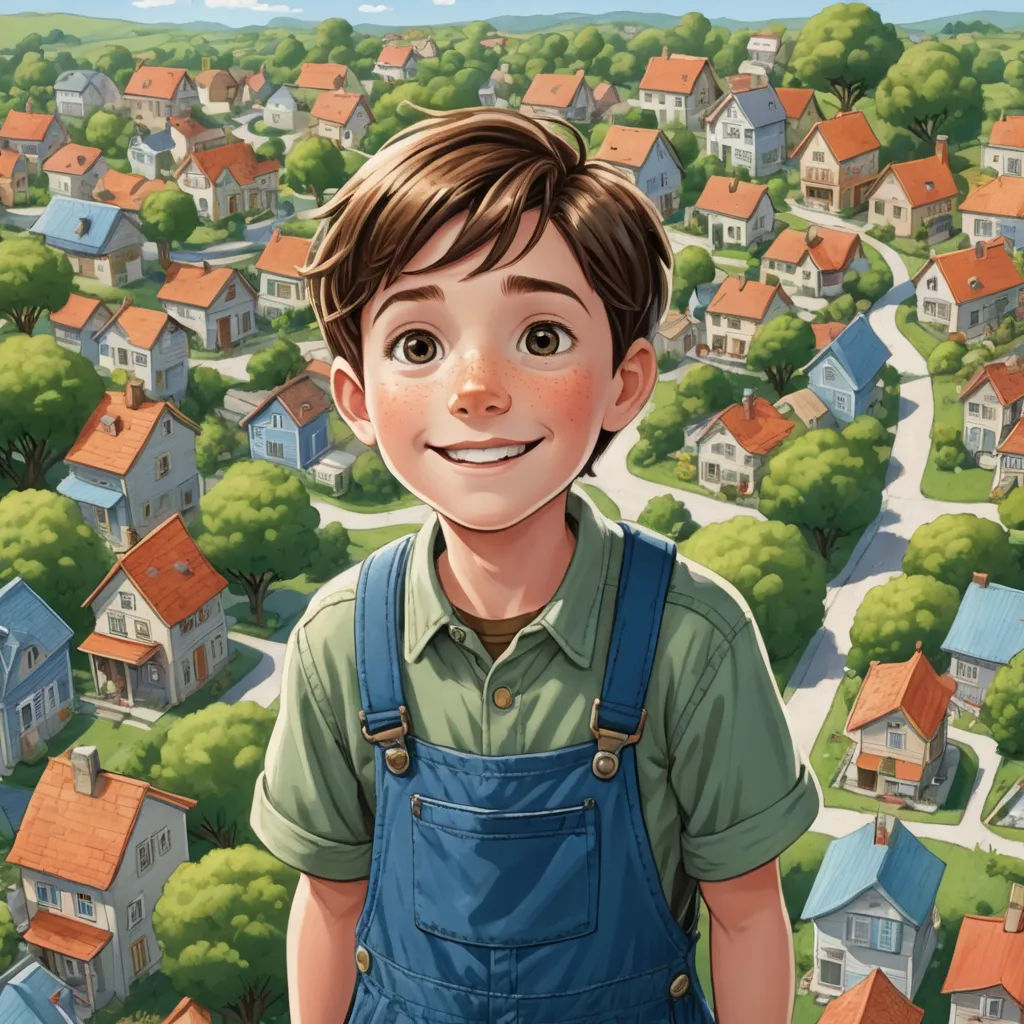 a boy standing in front of a city with houses and trees on it's sides and a street in the background, american scene painting, a storybook illustration, Aaron Jasinski, official art