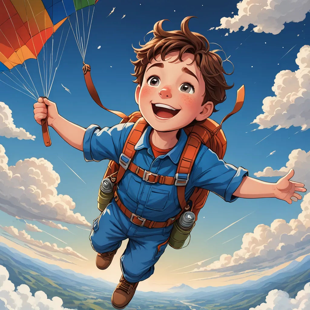 a boy is flying through the air with a parachute and a parachute in his hands and a parachute attached to his back, lyco art, a storybook illustration, Cliff Childs, trending on art station