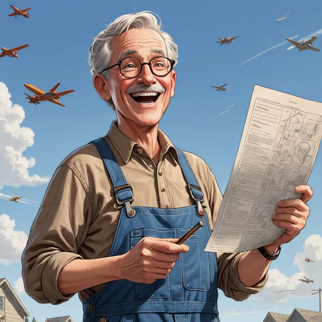 a man holding a piece of paper and a pen in his hand while standing in front of a bunch of planes, american scene painting, a character portrait, Bob Byerley, character portrait