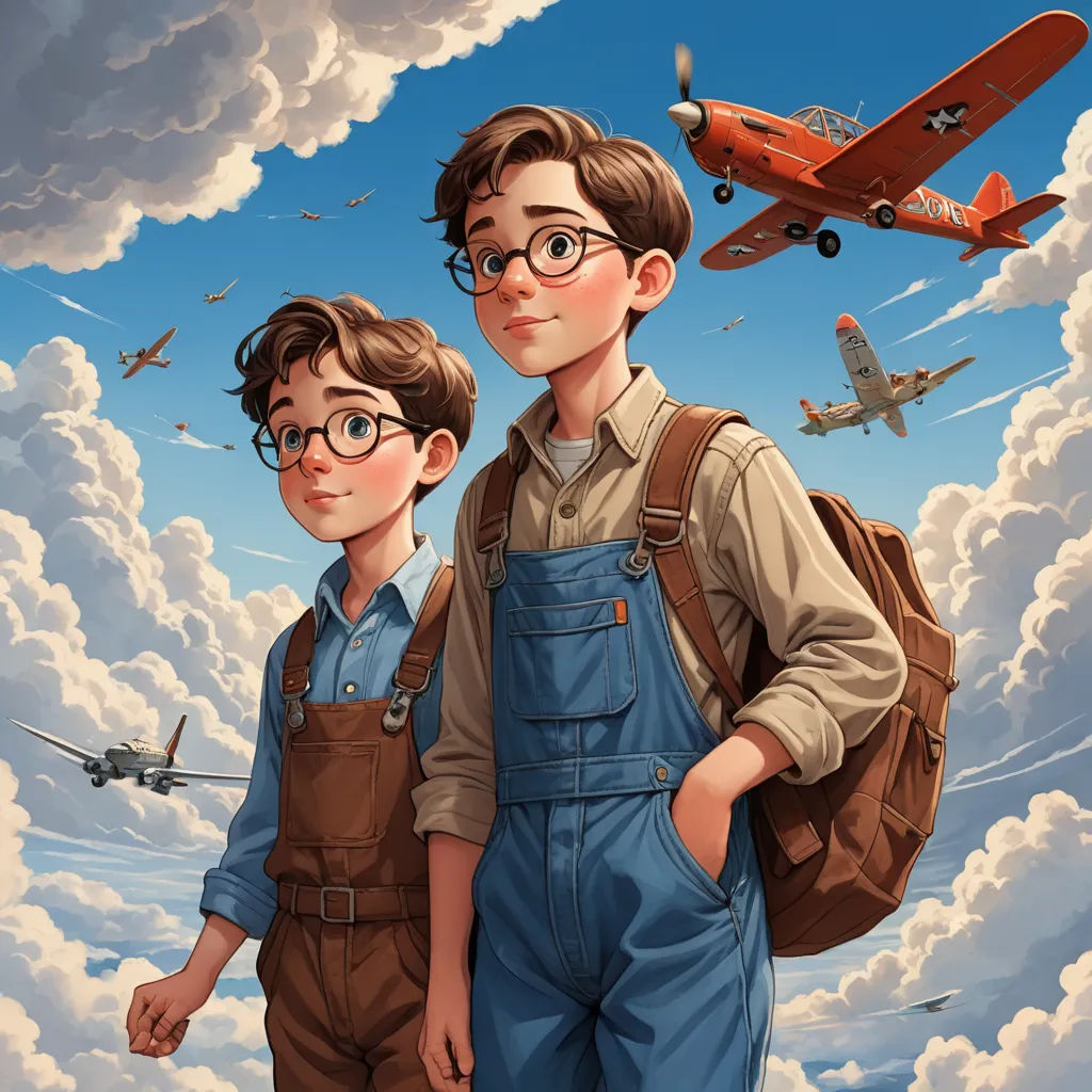 a painting of two boys with a plane in the background and a plane flying overhead in the sky above them, american scene painting, a storybook illustration, Brothers Hildebrandt, cushart krenz