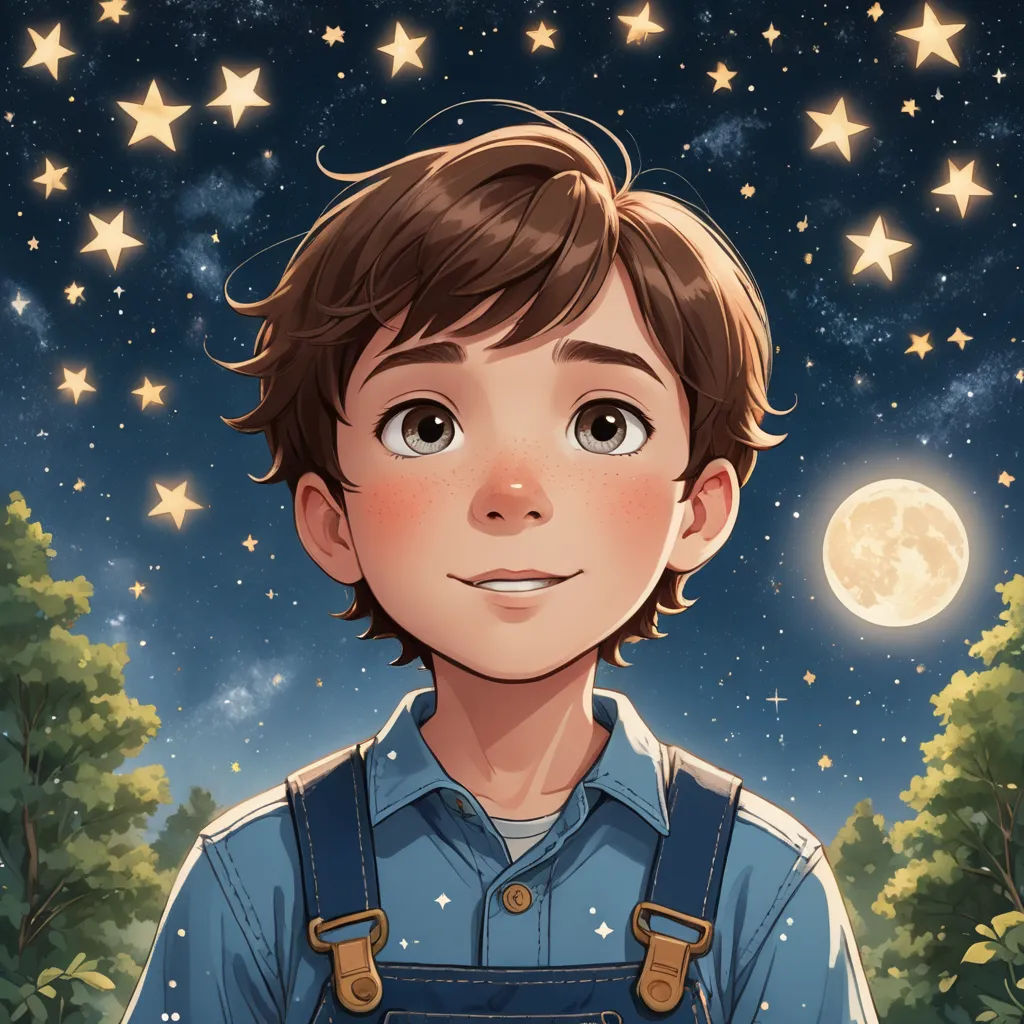 a boy with a blue shirt and overalls standing in front of a night sky with stars and a full moon, space art, a storybook illustration, Arthur Pan, rossdraws global illumination