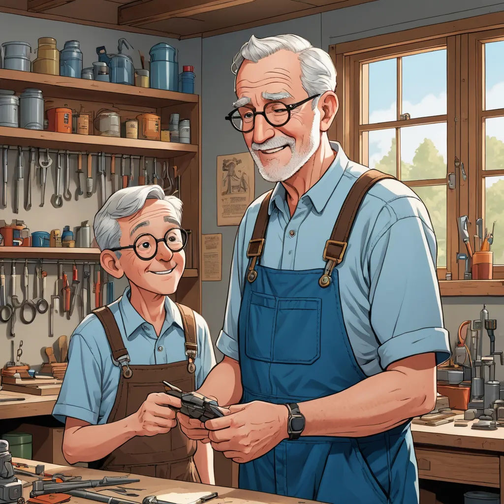 a man and a boy are in a shop with tools and a phone in their hands and a man is holding a cell phone, les automatistes, a storybook illustration, Brothers Hildebrandt, highly detailed digital painting