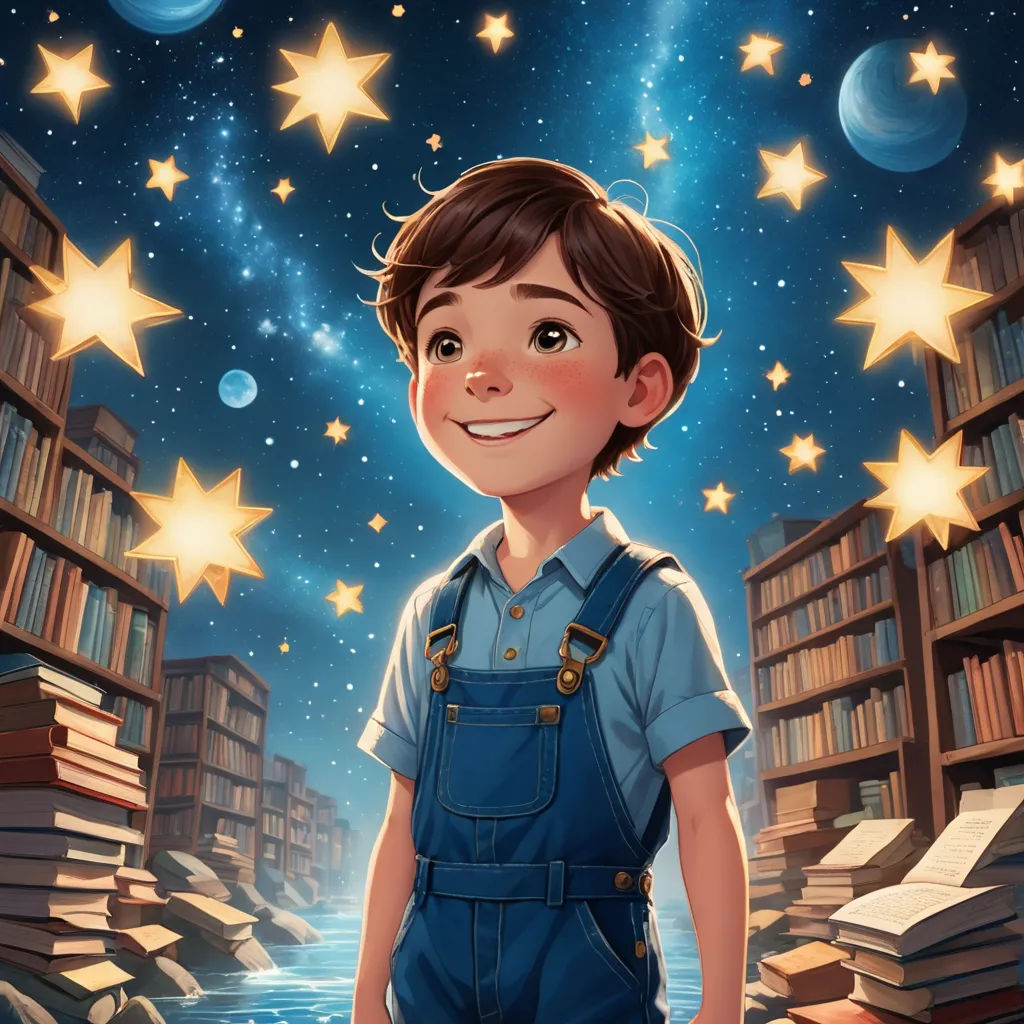 a boy standing in front of a book shelf with stars on it and a river running through it in front of him, space art, a storybook illustration, Diego Gisbert Llorens, storybook illustration