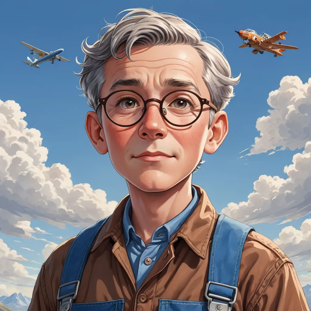 a man with glasses and suspenders standing in front of a painting of a plane flying overhead with a sky background, american scene painting, a character portrait, Aaron Jasinski, character portrait