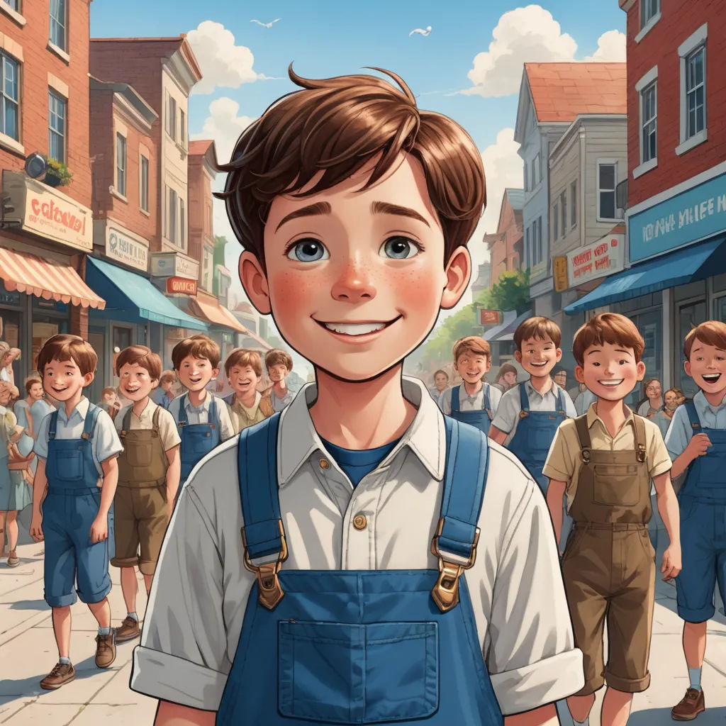 a cartoon boy with overalls and a smile on his face in front of a crowd of children in a town, american scene painting, a storybook illustration, Brothers Hildebrandt, official art