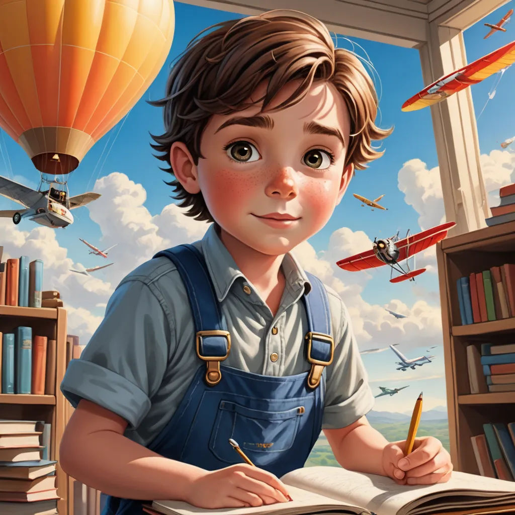 a boy is writing in a book in a library with a hot air balloon in the background and a bookcase full of books, fantasy art, a storybook illustration, Aaron Jasinski, stanley artgerm lau