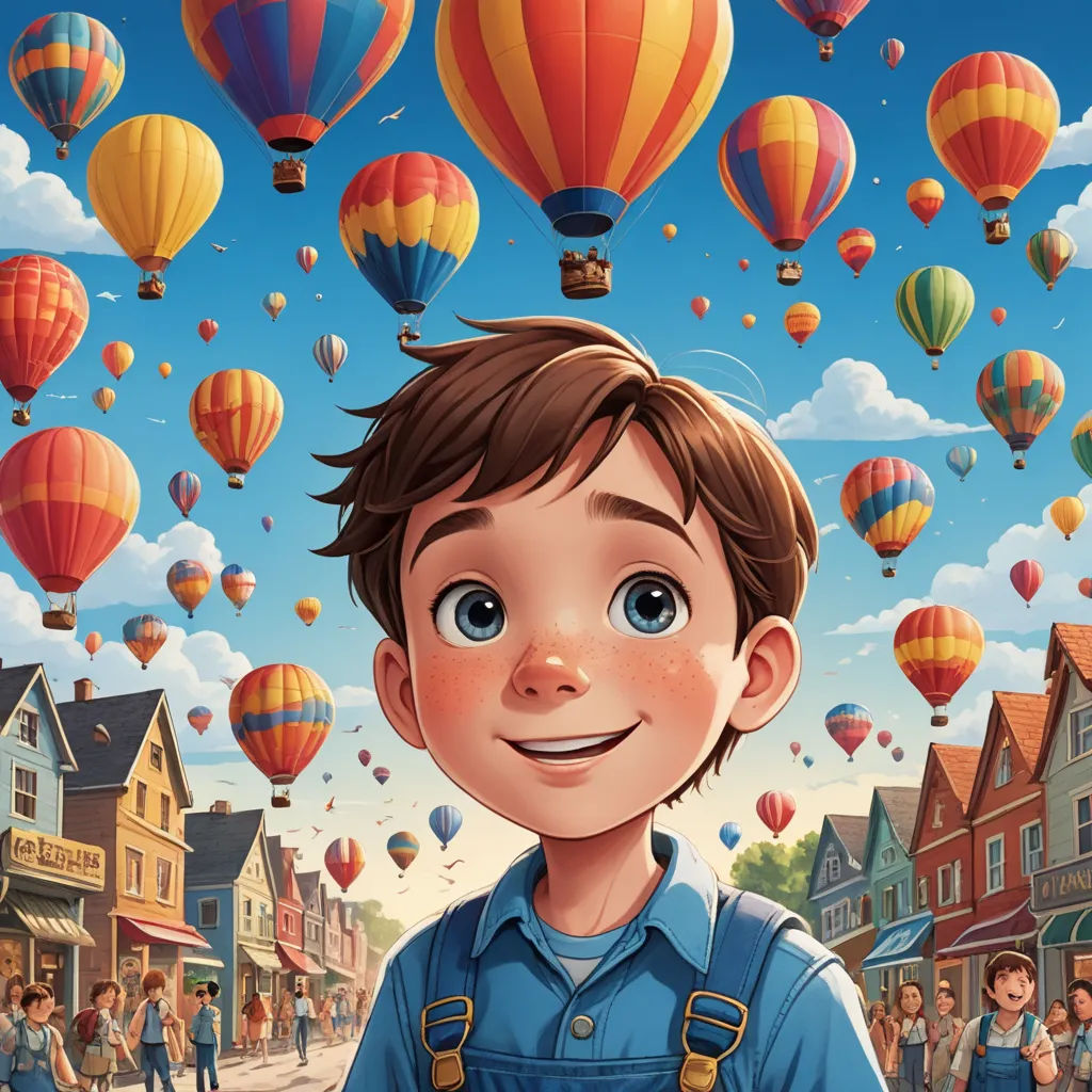 a boy in overalls standing in front of a bunch of hot air balloons in the sky above a town, american scene painting, a storybook illustration, Aaron Jasinski, storybook illustration