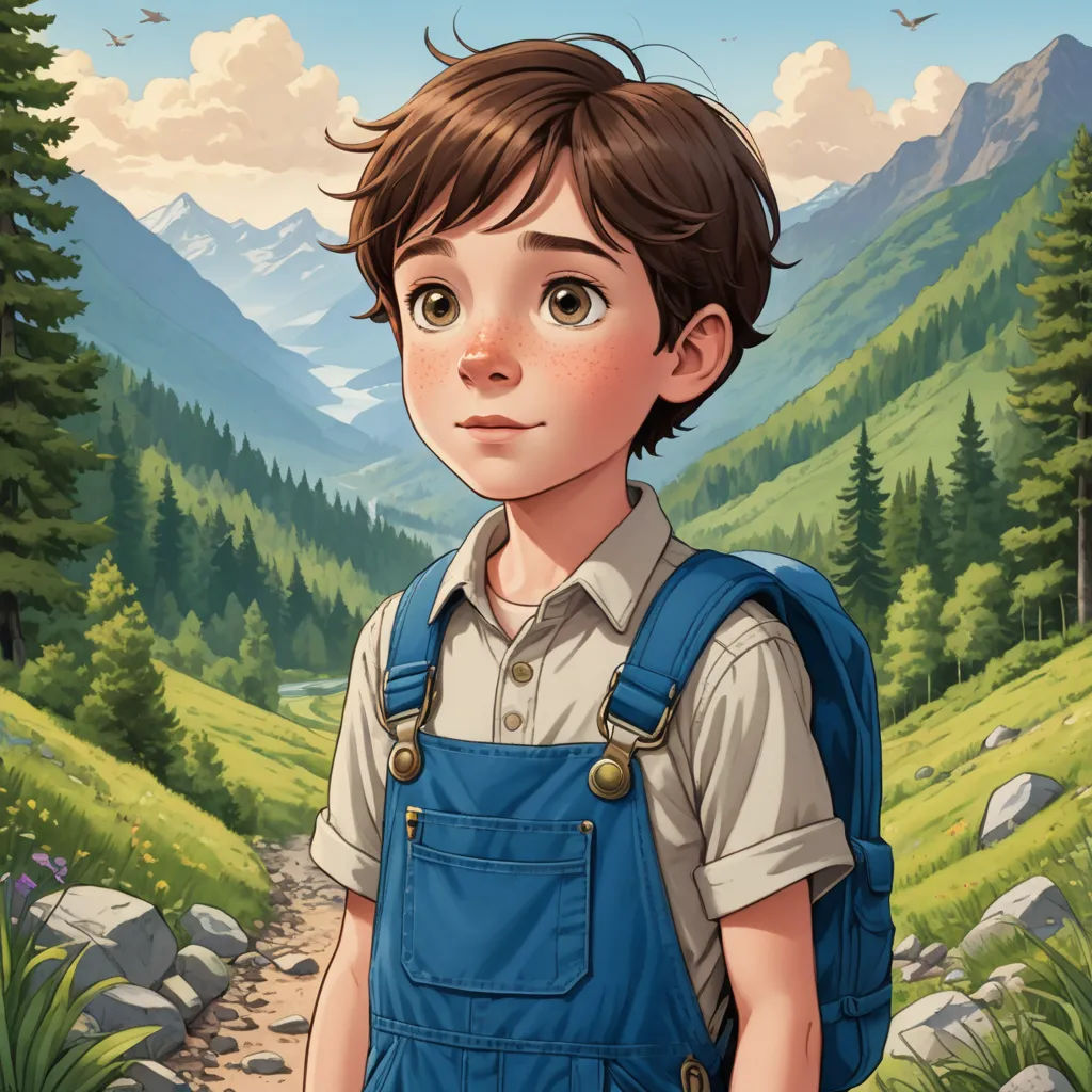 a boy with a backpack standing in front of a mountain landscape with a bird flying overhead and a bird flying overhead, sots art, a character portrait, Aaron Jasinski, trending on art station