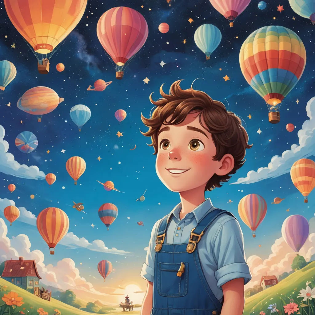 a boy in overalls standing in front of a field with hot air balloons flying above him and a sky full of stars, magical realism, a storybook illustration, Aaron Jasinski, rossdraws global illumination