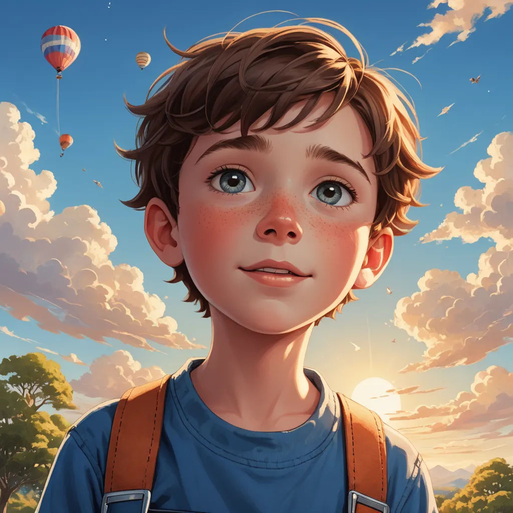 a boy with a backpack looking at the sky with balloons in the background and clouds in the sky above, photorealism, a detailed painting, Aaron Jasinski, rossdraws global illumination
