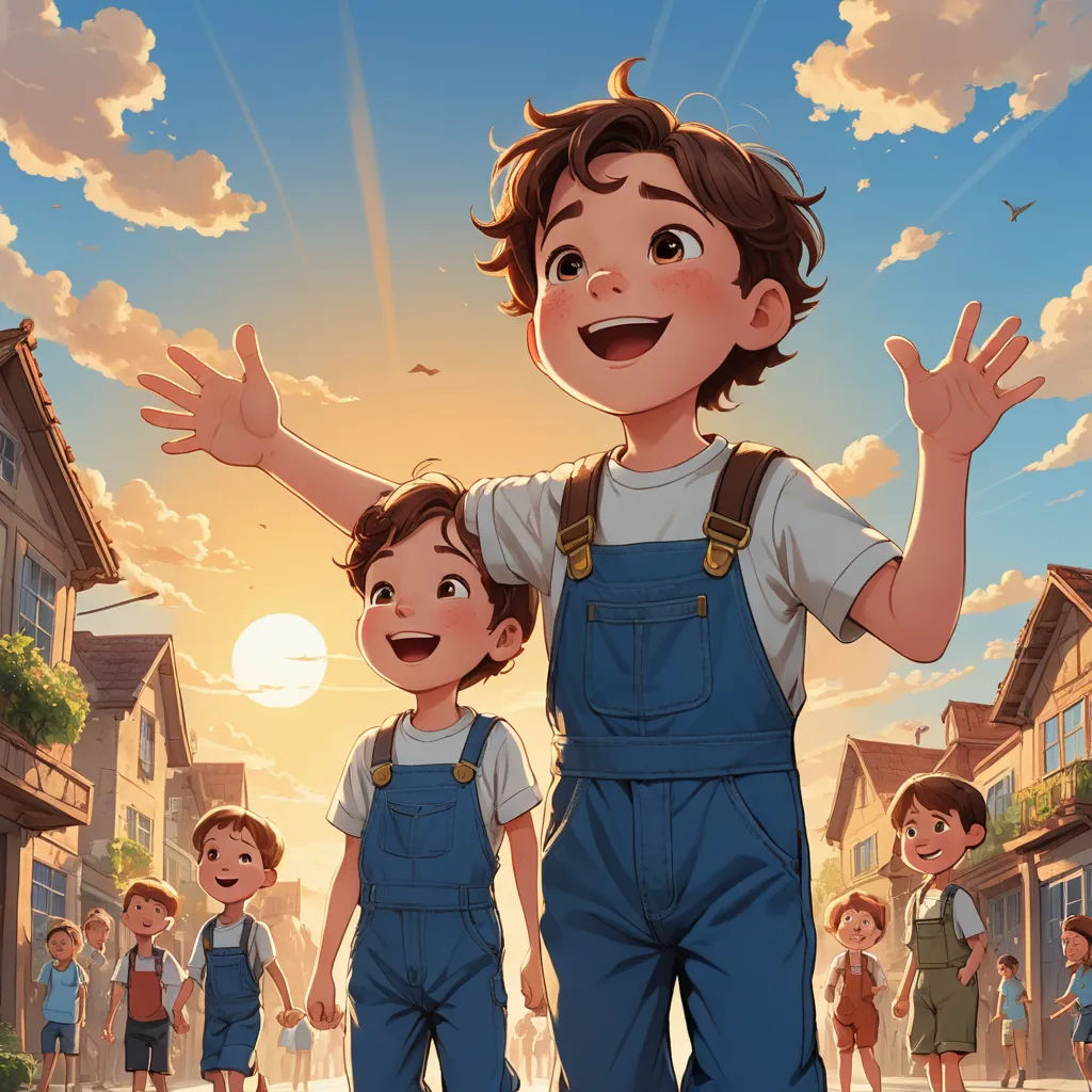 a boy and a boy are standing in front of a group of children in a cartoon style, with the sun shining behind them, lyco art, a storybook illustration, Brothers Hildebrandt, trending on art station
