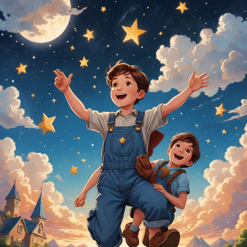 a boy and a boy are flying in the sky with stars and a moon above them and a castle, space art, a storybook illustration, Aaron Jasinski, storybook illustration