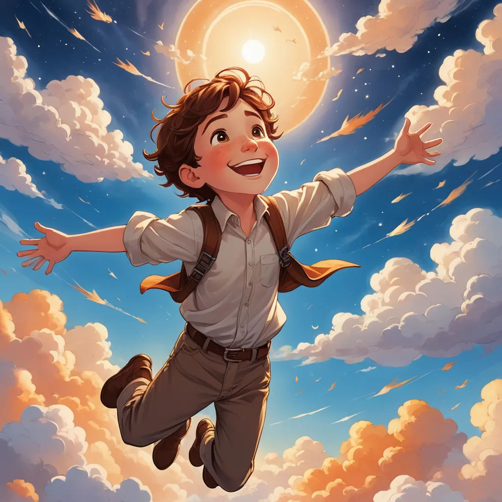 a boy is flying through the air with his arms outstretched in the air and clouds behind him, with the sun shining behind him, fantasy art, a storybook illustration, Aaron Jasinski, rossdraws global illumination