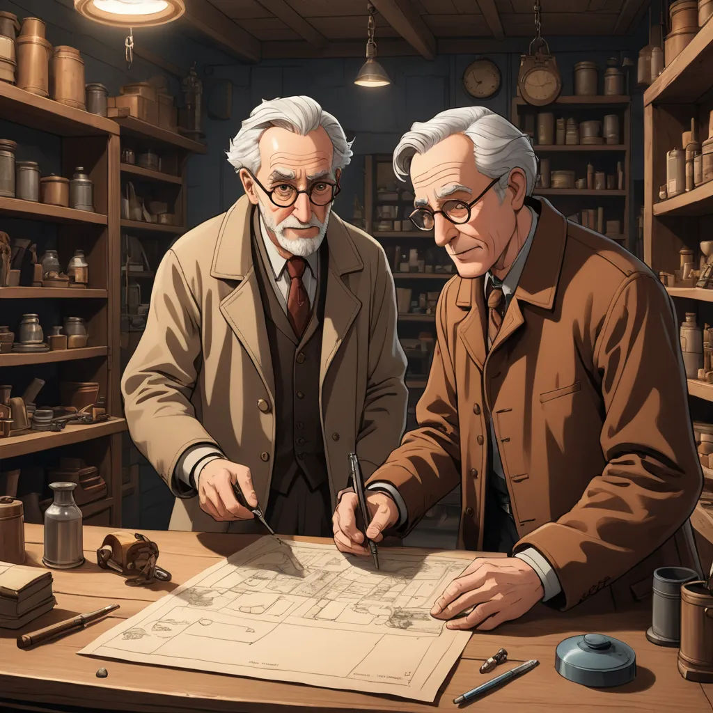 two men are looking at a piece of paper on a table in a shop with shelves of jars and jars, academic art, a detailed matte painting, Brothers Hildebrandt, official art