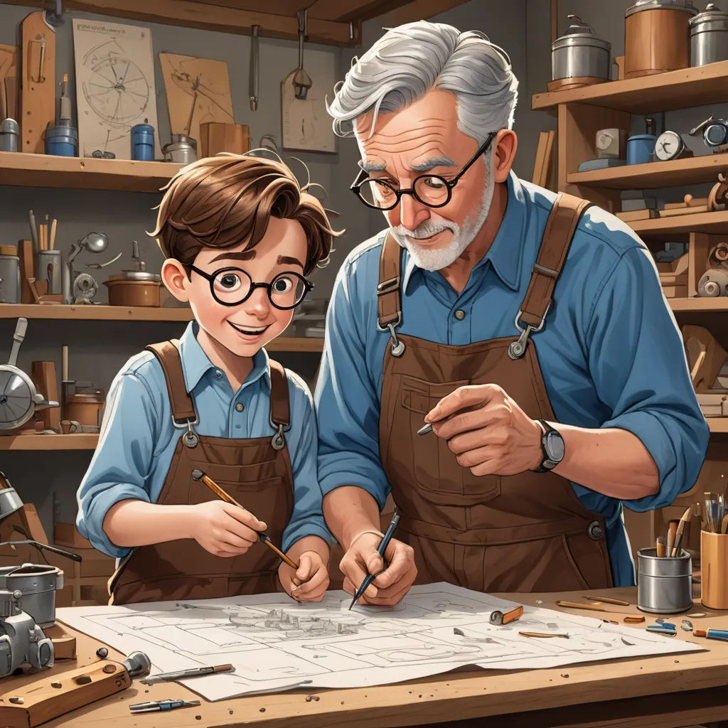 a man and a boy are working on a project together in a workshop with a large wooden table and shelves of tools, sots art, a storybook illustration, Brothers Hildebrandt, storybook illustration