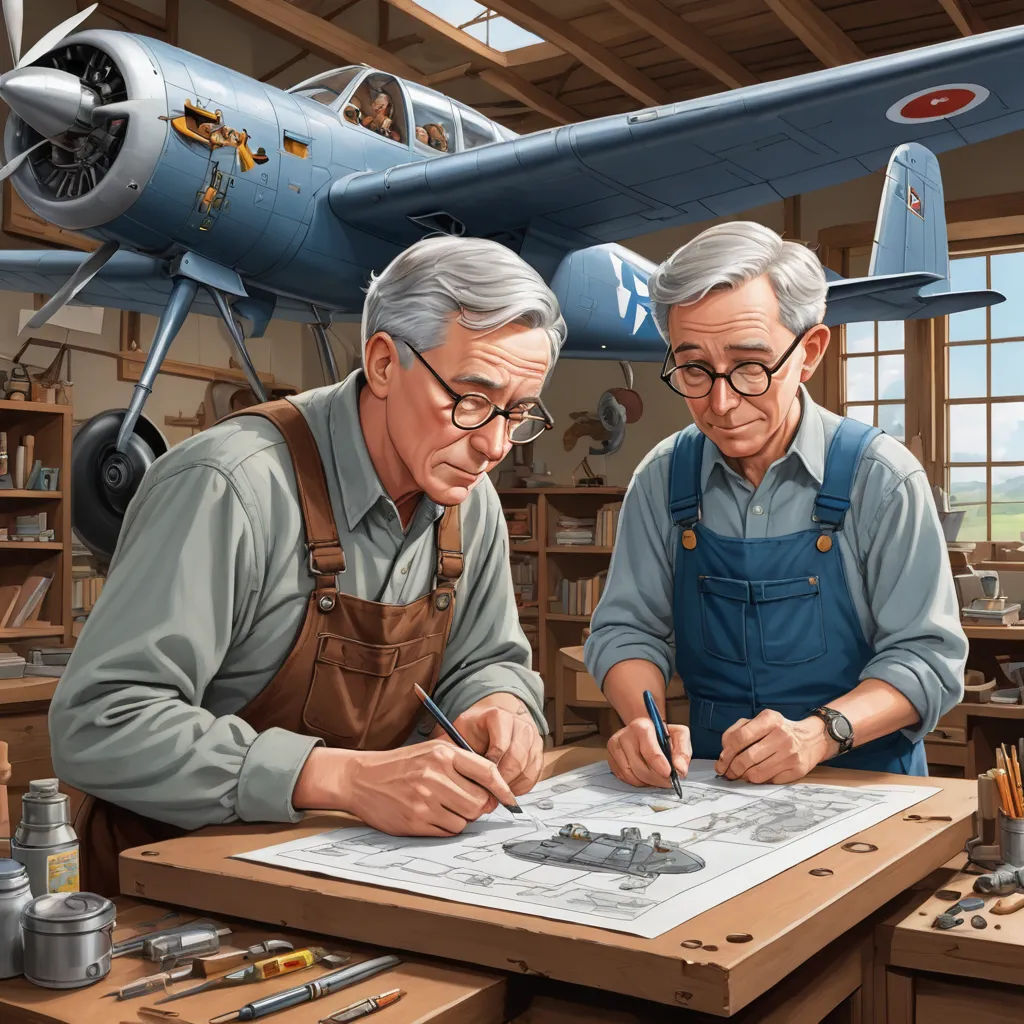 a painting of two men working on a blue plane in a shop with a blue sky background and a blue sky, american scene painting, a detailed matte painting, Brothers Hildebrandt, highly detailed digital painting
