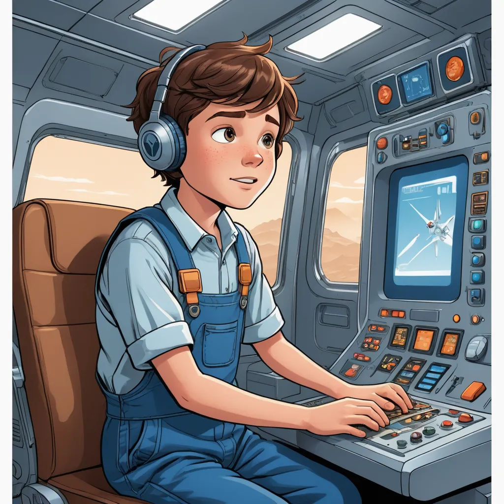 a boy in a pilot's seat with headphones on and a control panel in front of him, space art, a storybook illustration, Diego Gisbert Llorens, comic cover art