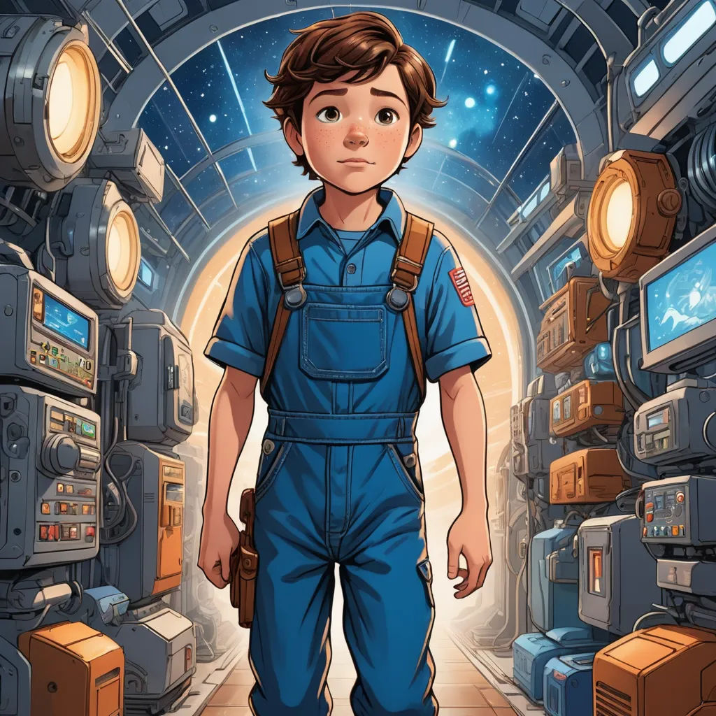 a man in overalls standing in a tunnel with a bunch of monitors on the wall behind him and a television on the wall, space art, poster art, Aaron Jasinski, yukito kishiro