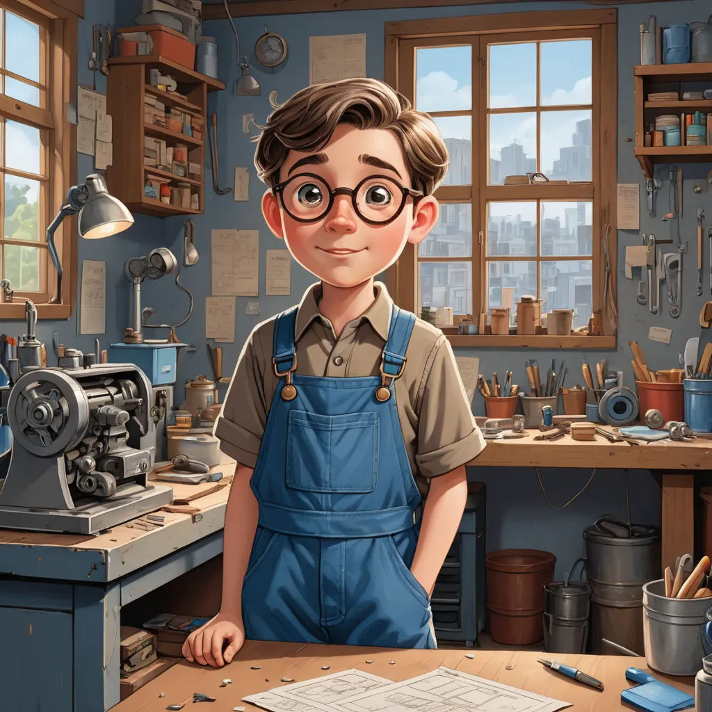 a cartoon boy with glasses standing in a workshop with a machine and tools on the table in front of him, sots art, a character portrait, Anson Maddocks, cgstudio
