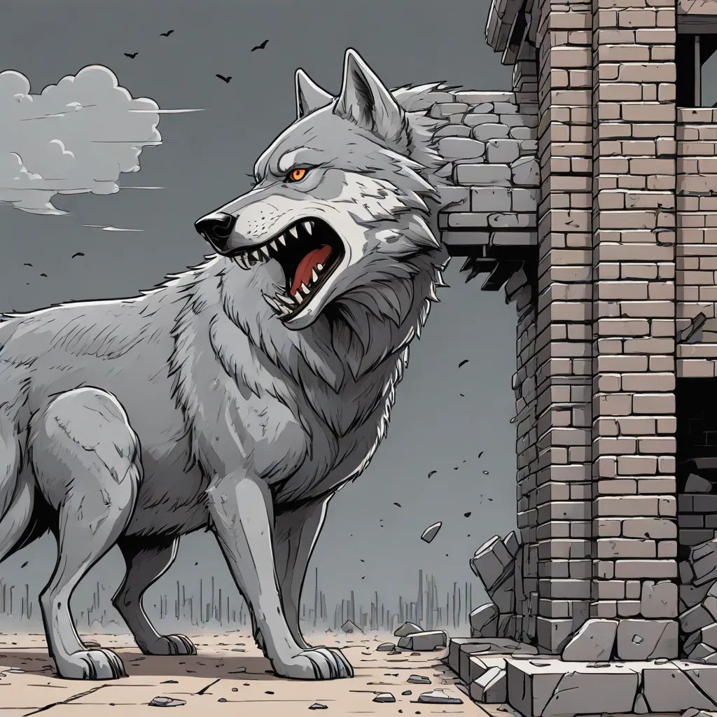 a wolf standing in front of a brick building with a sky background and a bird flying over it,, nuclear art, a comic book panel, Dan Mumford, josan gonzales and dan mumford