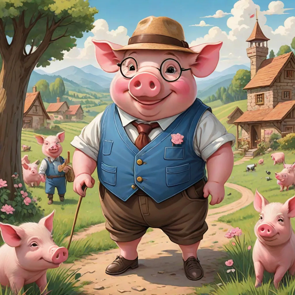 a pig with a hat and glasses is standing in a field with pigs and a man in a hat, fantasy art, a storybook illustration, David Young Cameron, official art